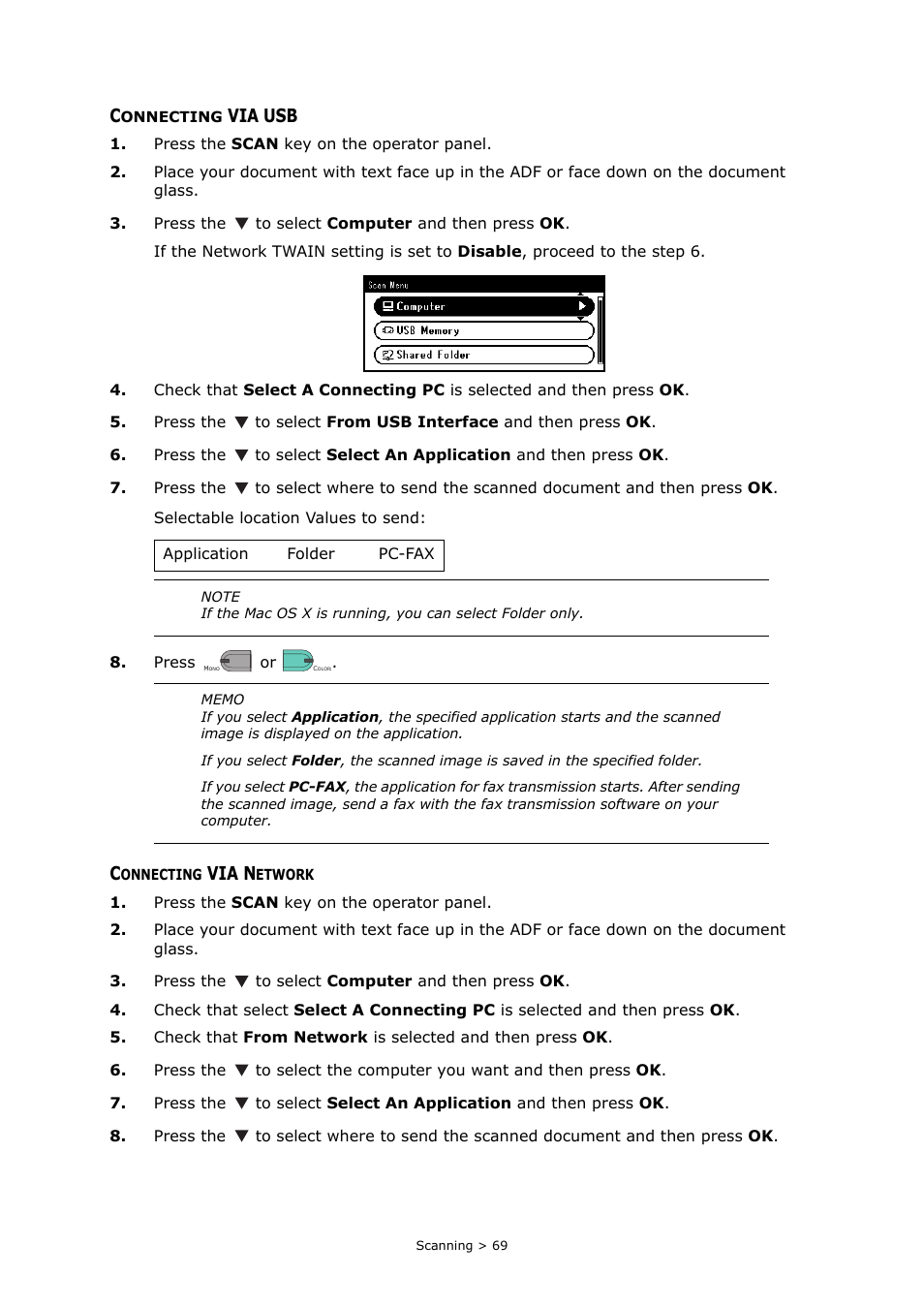 Connecting via usb, Connecting via network, Via usb | Via n | Oki MC363dn User Manual | Page 69 / 146