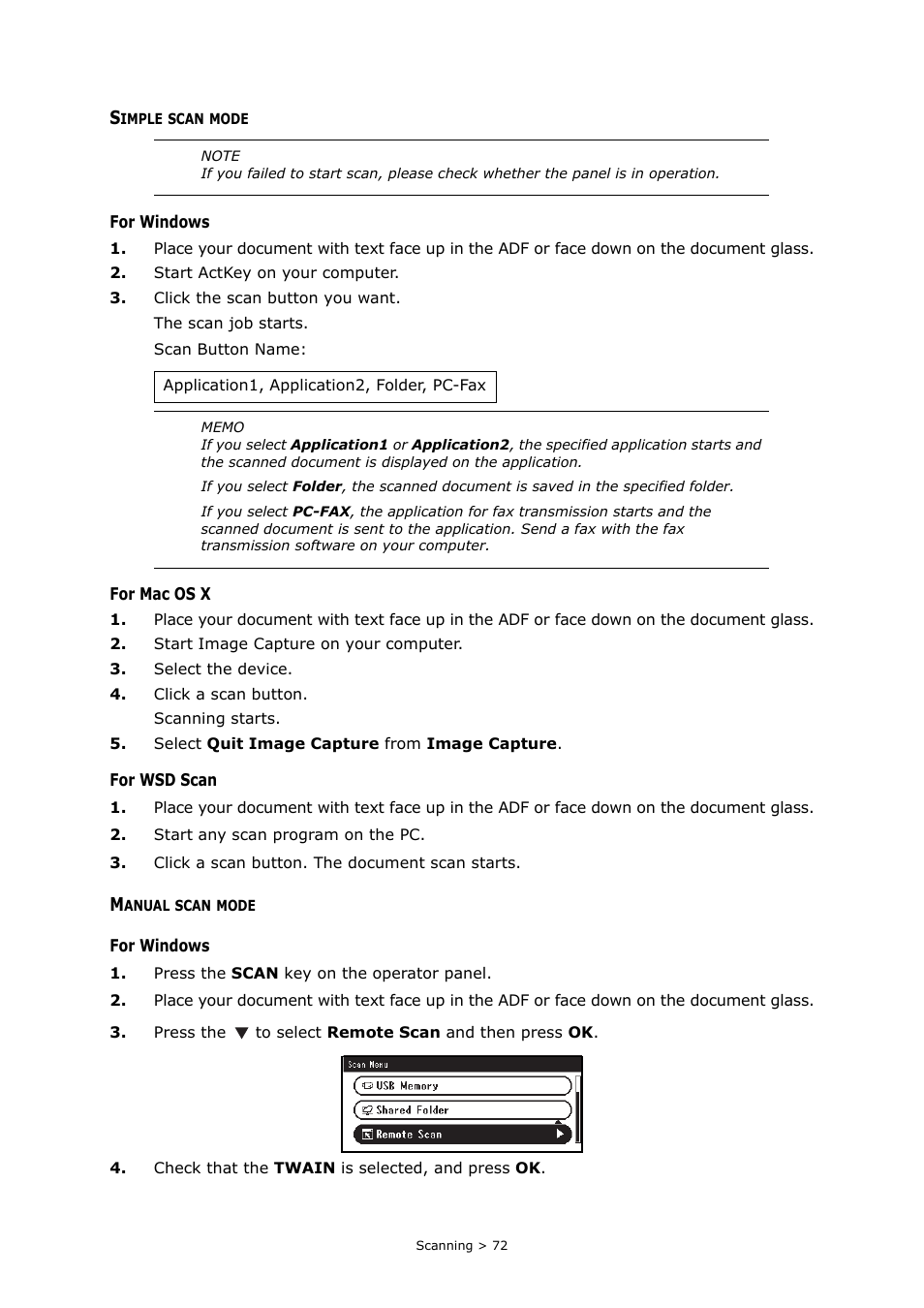 Simple scan mode, Manual scan mode | Oki MC363dn User Manual | Page 72 / 146