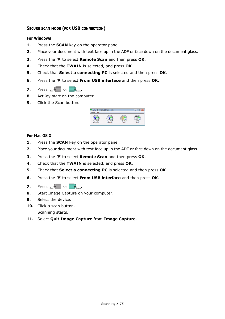 Secure scan mode (for usb connection), For windows, For mac os x | Oki MC363dn User Manual | Page 75 / 146