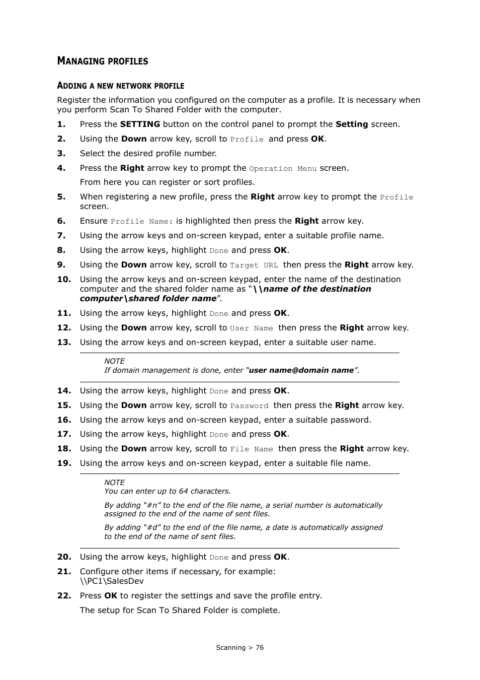 Managing profiles, Adding a new network profile | Oki MC363dn User Manual | Page 76 / 146