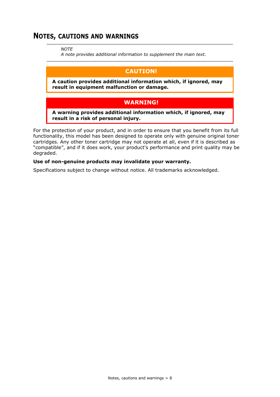 Notes, cautions and warnings | Oki MC363dn User Manual | Page 8 / 146