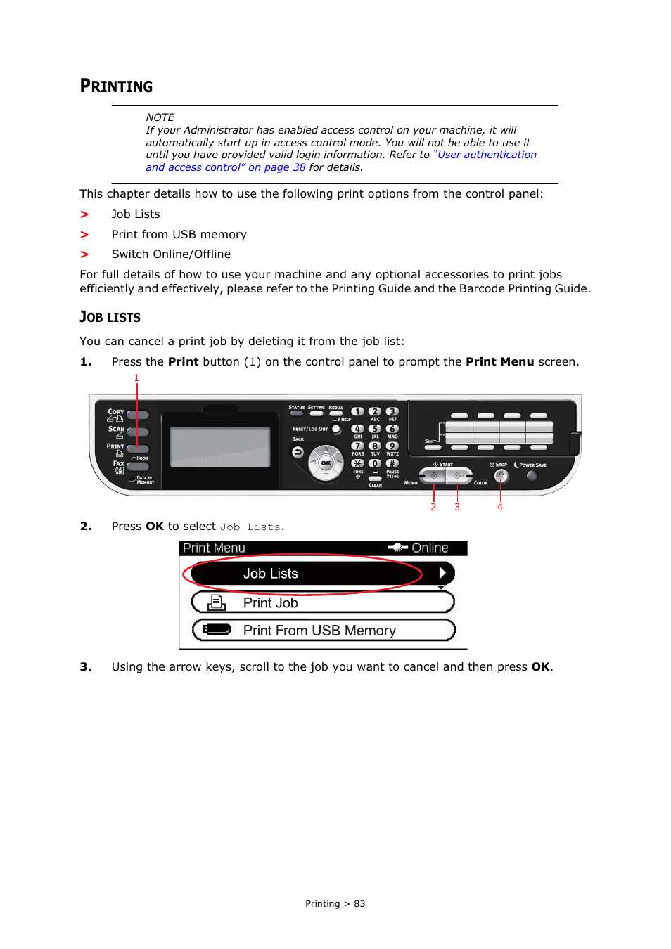 Printing, Job lists, Rinting | Oki MC363dn User Manual | Page 83 / 146
