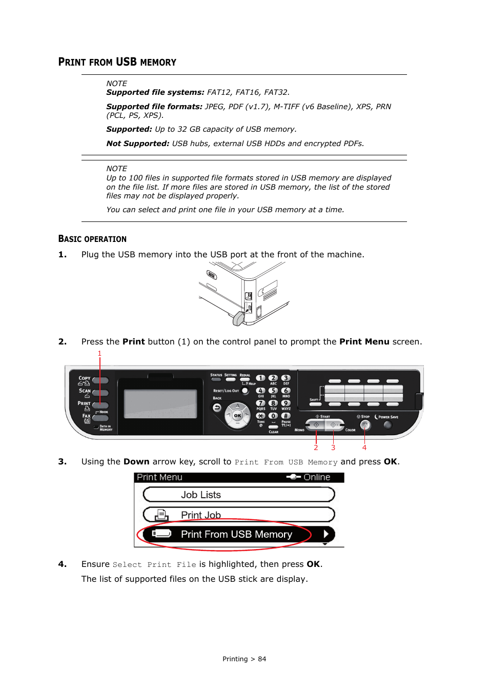 Print from usb memory, Basic operation | Oki MC363dn User Manual | Page 84 / 146