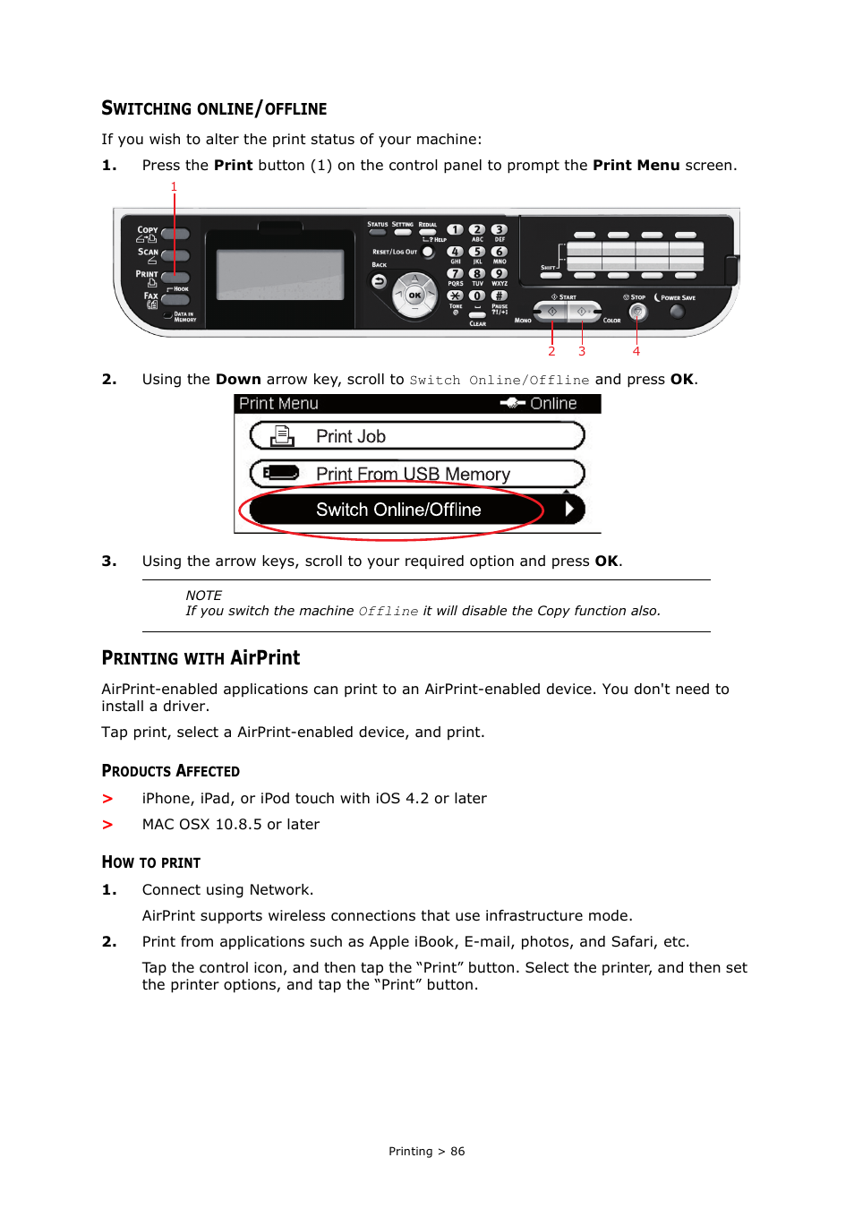 Switching online/offline, Printing with airprint, Products affected | How to print, Airprint | Oki MC363dn User Manual | Page 86 / 146
