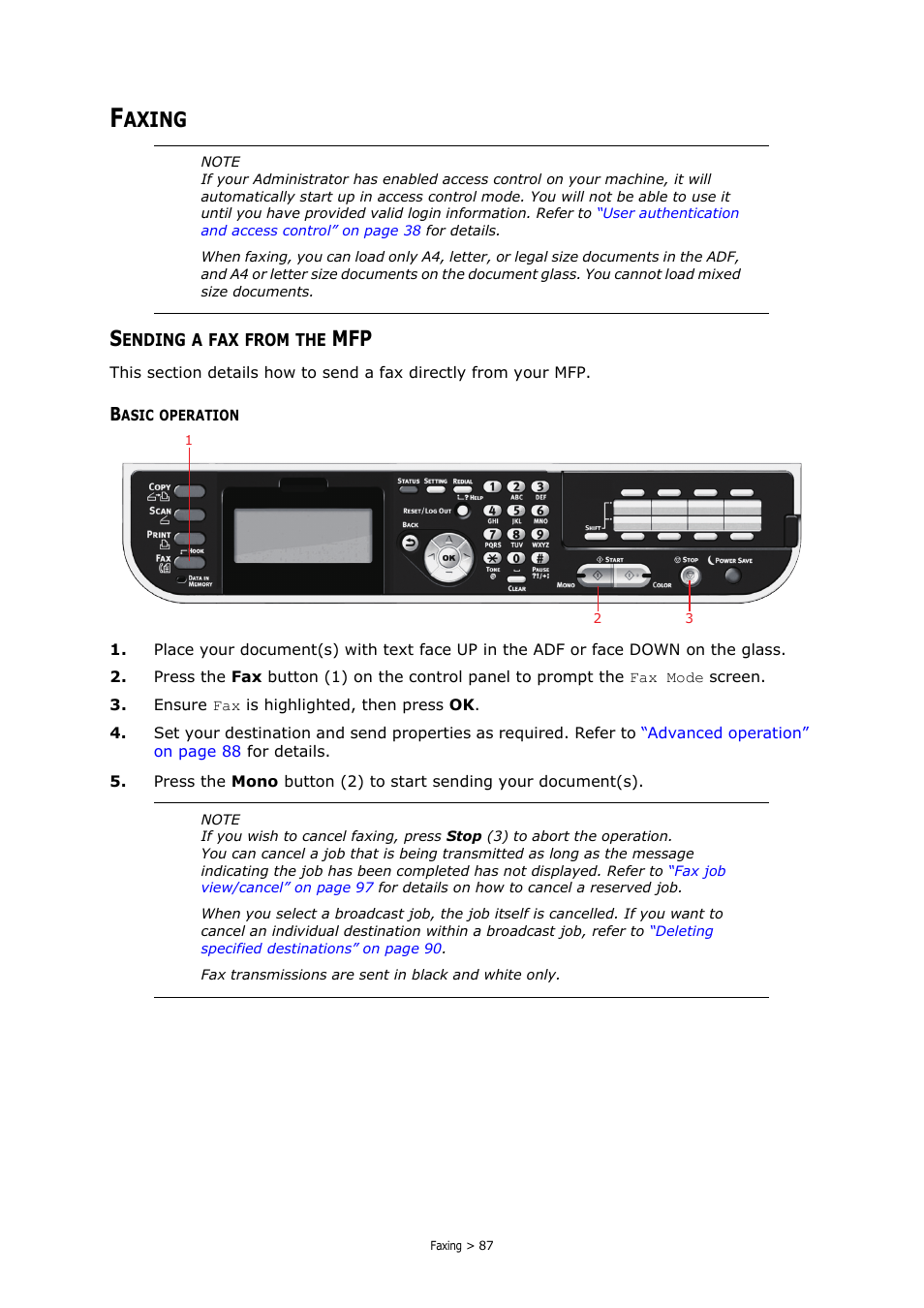 Faxing, Sending a fax from the mfp, Basic operation | Axing | Oki MC363dn User Manual | Page 87 / 146