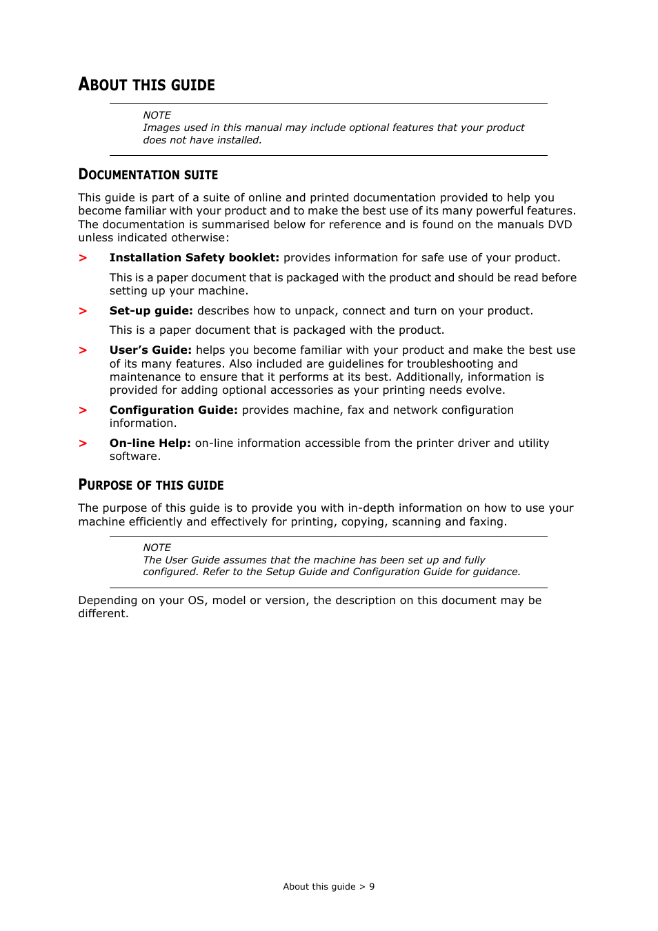 About this guide, Documentation suite, Purpose of this guide | Bout, This, Guide | Oki MC363dn User Manual | Page 9 / 146