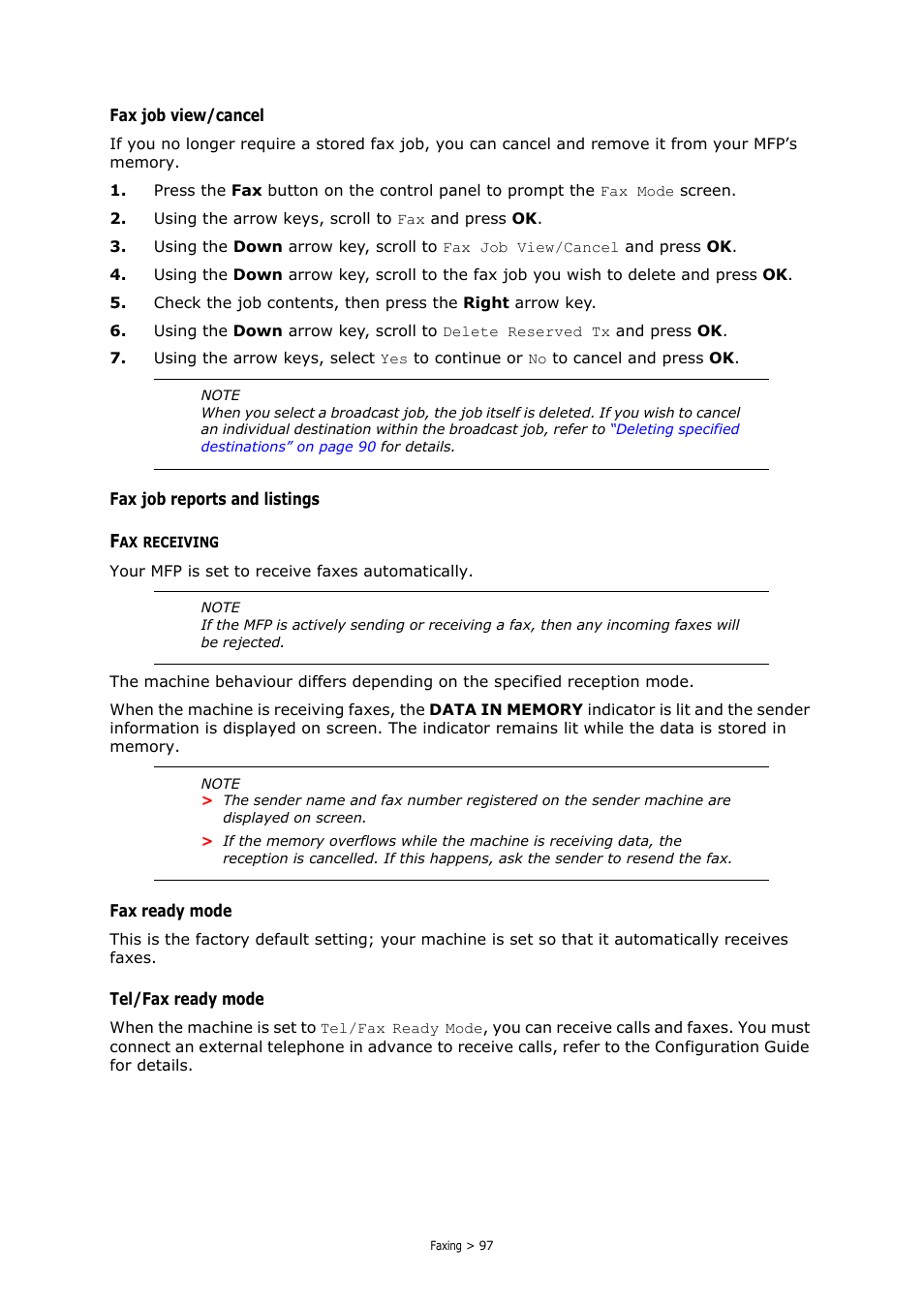 Fax receiving, Fax job | Oki MC363dn User Manual | Page 97 / 146