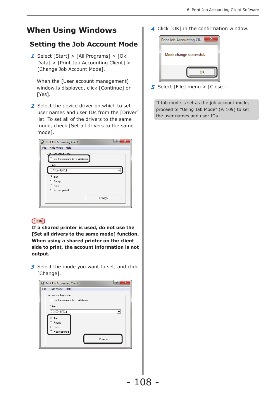When using windows, Setting the job account mode, P. 108 | Oki MC363dn User Manual | Page 108 / 257
