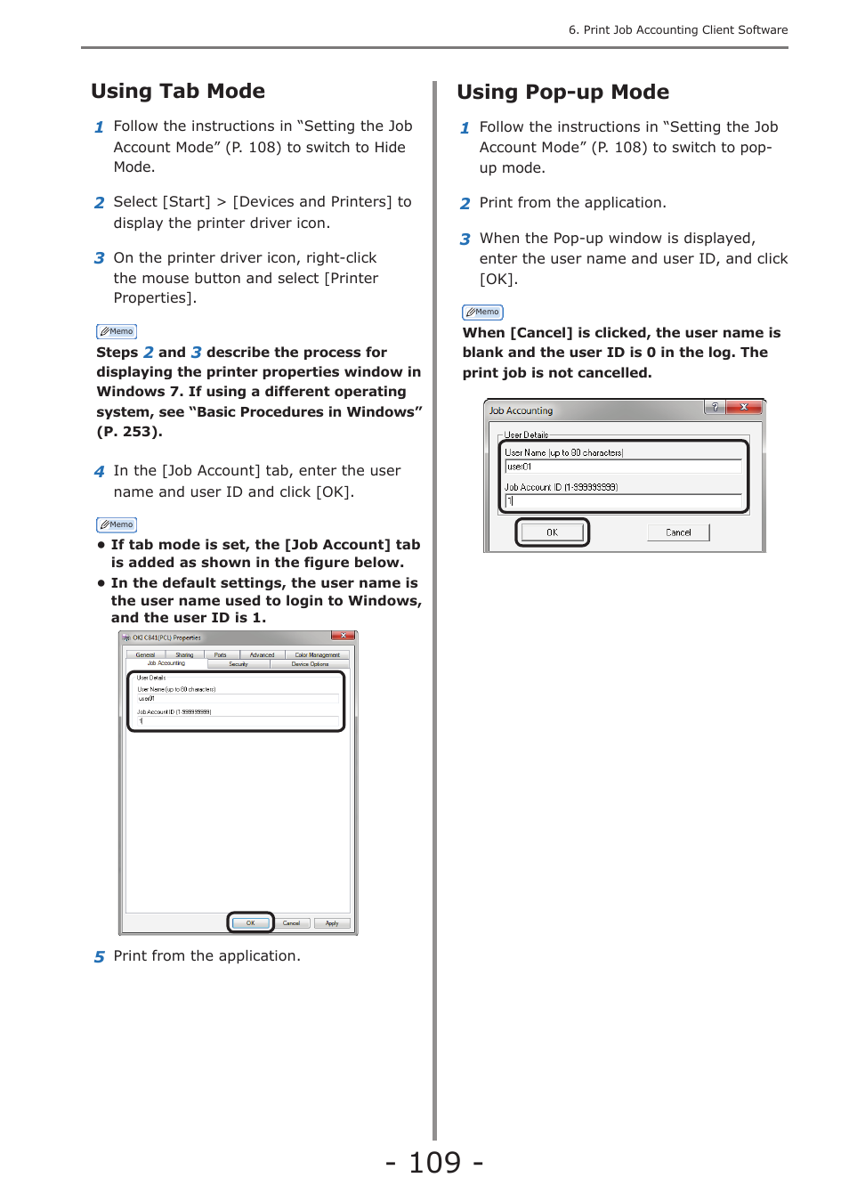 Using tab mode, Using pop-up mode, Using tab mode using pop-up mode | Oki MC363dn User Manual | Page 109 / 257