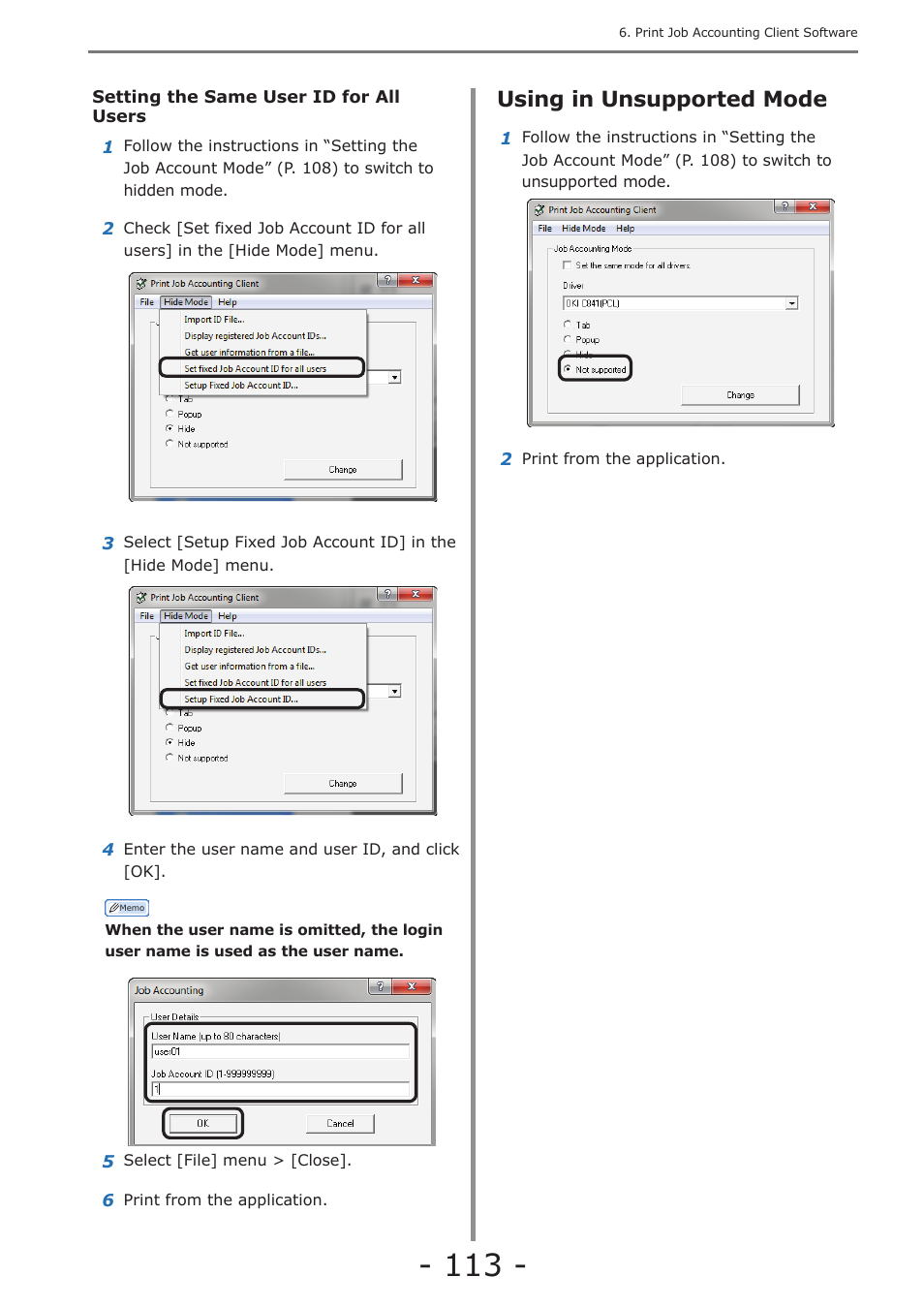 Using in unsupported mode, Setting the same user id for all users” (p. 113) | Oki MC363dn User Manual | Page 113 / 257