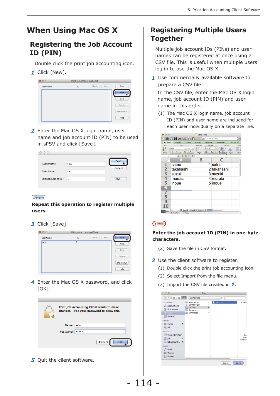 When using mac os x, Registering the job account id (pin), Registering multiple users together | P. 114 | Oki MC363dn User Manual | Page 114 / 257