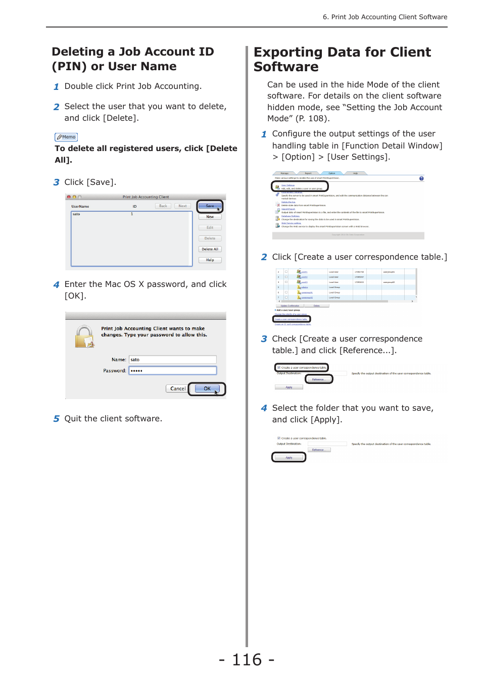 Deleting a job account id (pin) or user name, Exporting data for client software | Oki MC363dn User Manual | Page 116 / 257