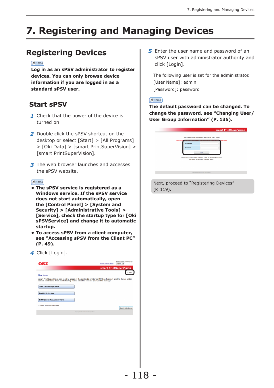 Registering and managing devices, Registering devices, Start spsv | P. 118 | Oki MC363dn User Manual | Page 118 / 257