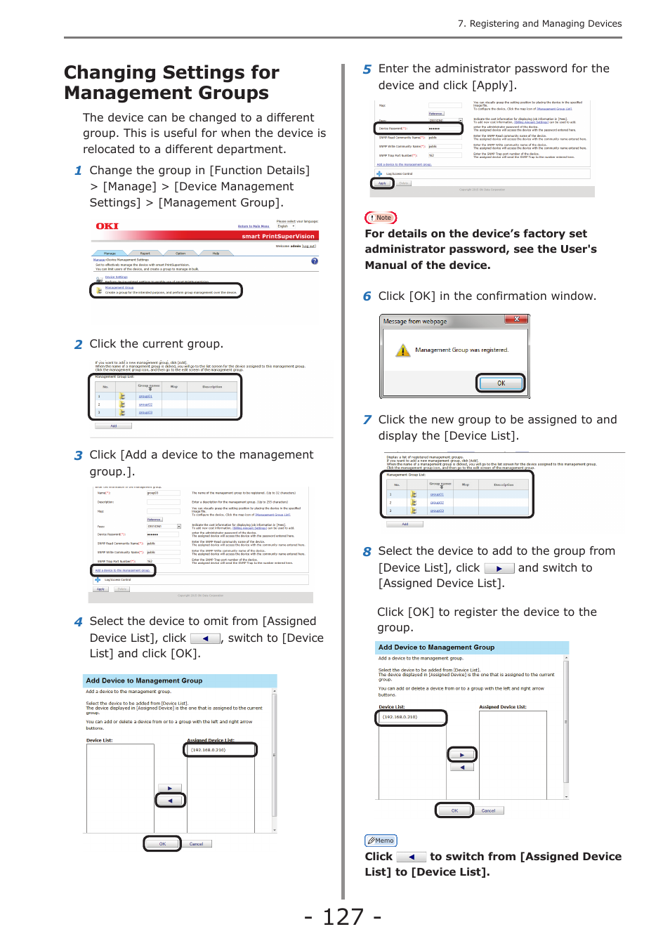 Changing settings for management groups, Deleting management groups | Oki MC363dn User Manual | Page 127 / 257