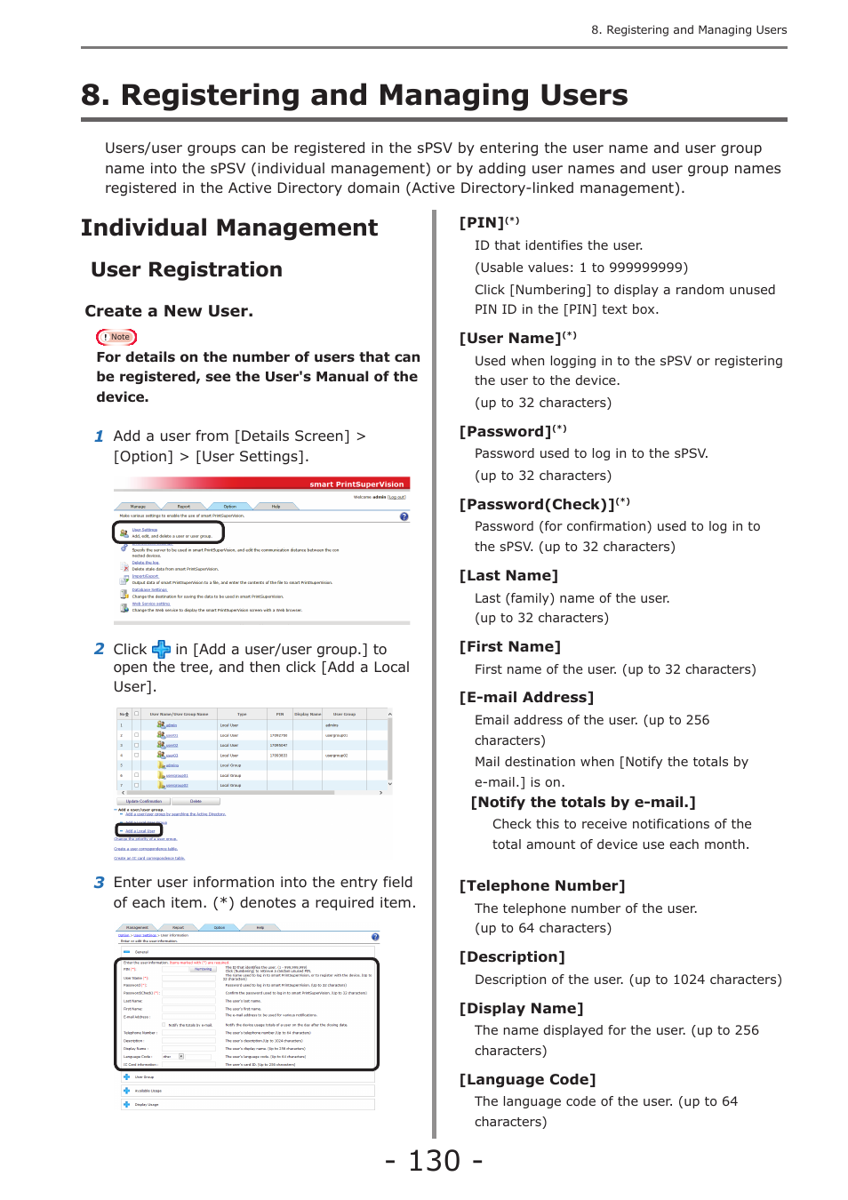 Registering and managing users, Individual management, User registration | Registering user group, P. 130, Registering and, Managing users” (p. 130), User registration” (p. 130) | Oki MC363dn User Manual | Page 130 / 257