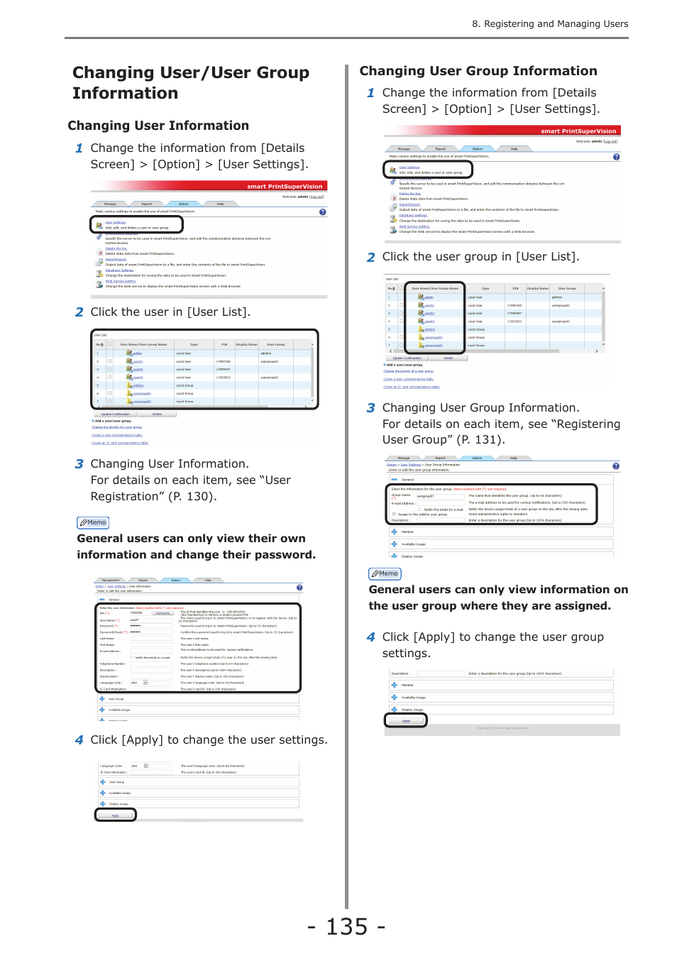 Changing user/user group information, P. 135, Changing user/ user group information” (p. 135) | Oki MC363dn User Manual | Page 135 / 257