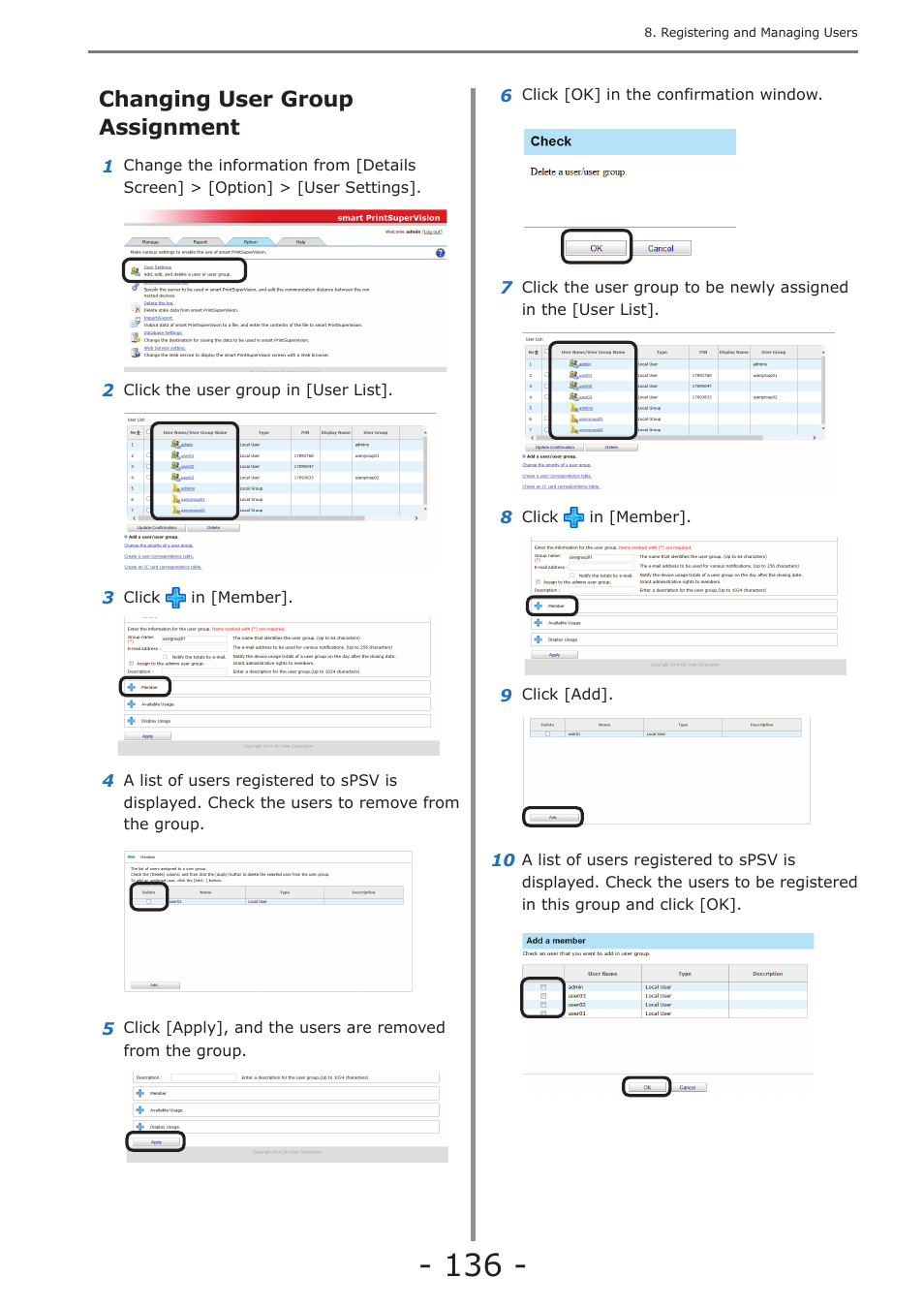 Changing user group assignment, Deleting users/user groups, Active directory-linked management | Adding users/user groups | Oki MC363dn User Manual | Page 136 / 257