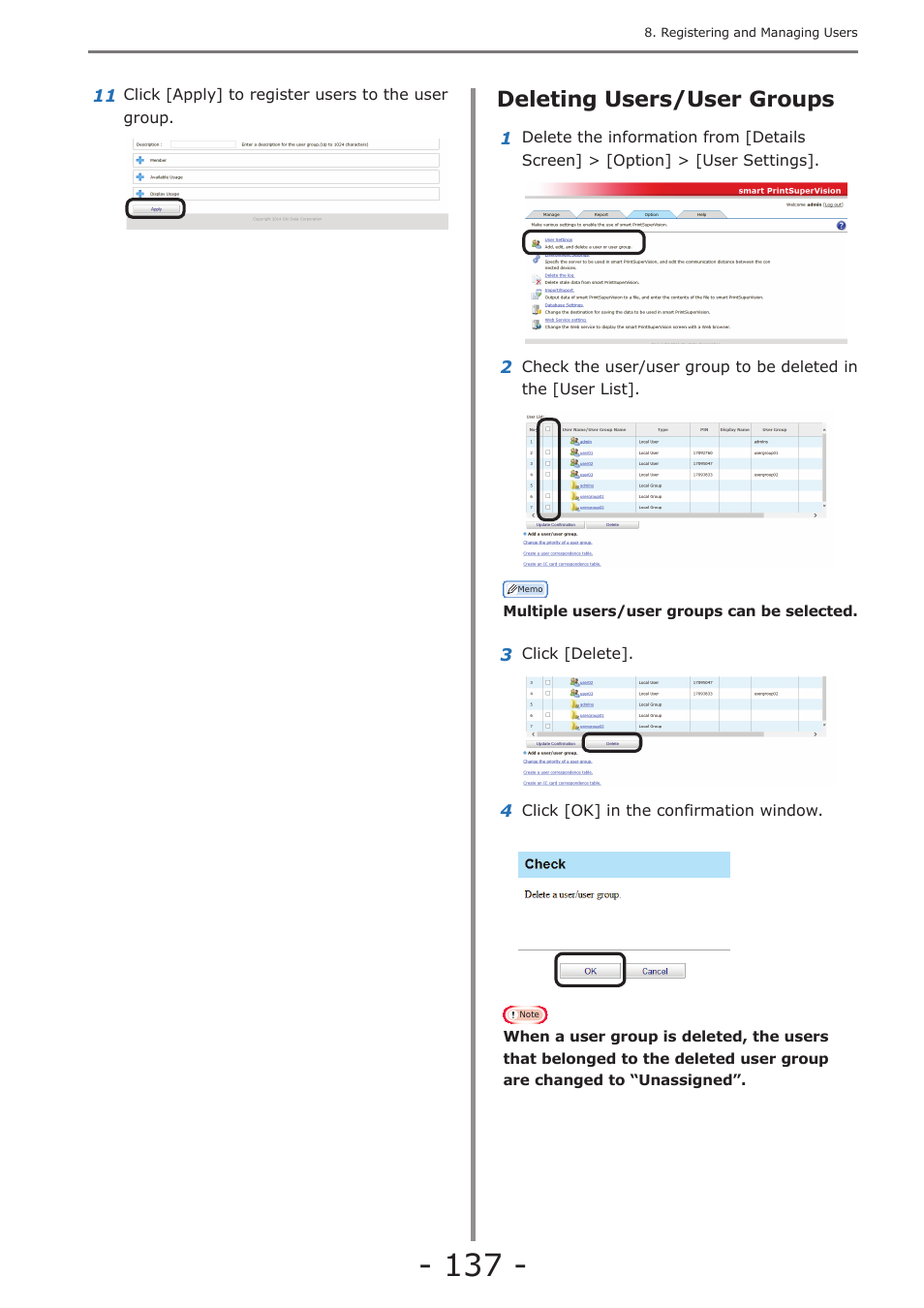 Deleting users/user groups | Oki MC363dn User Manual | Page 137 / 257