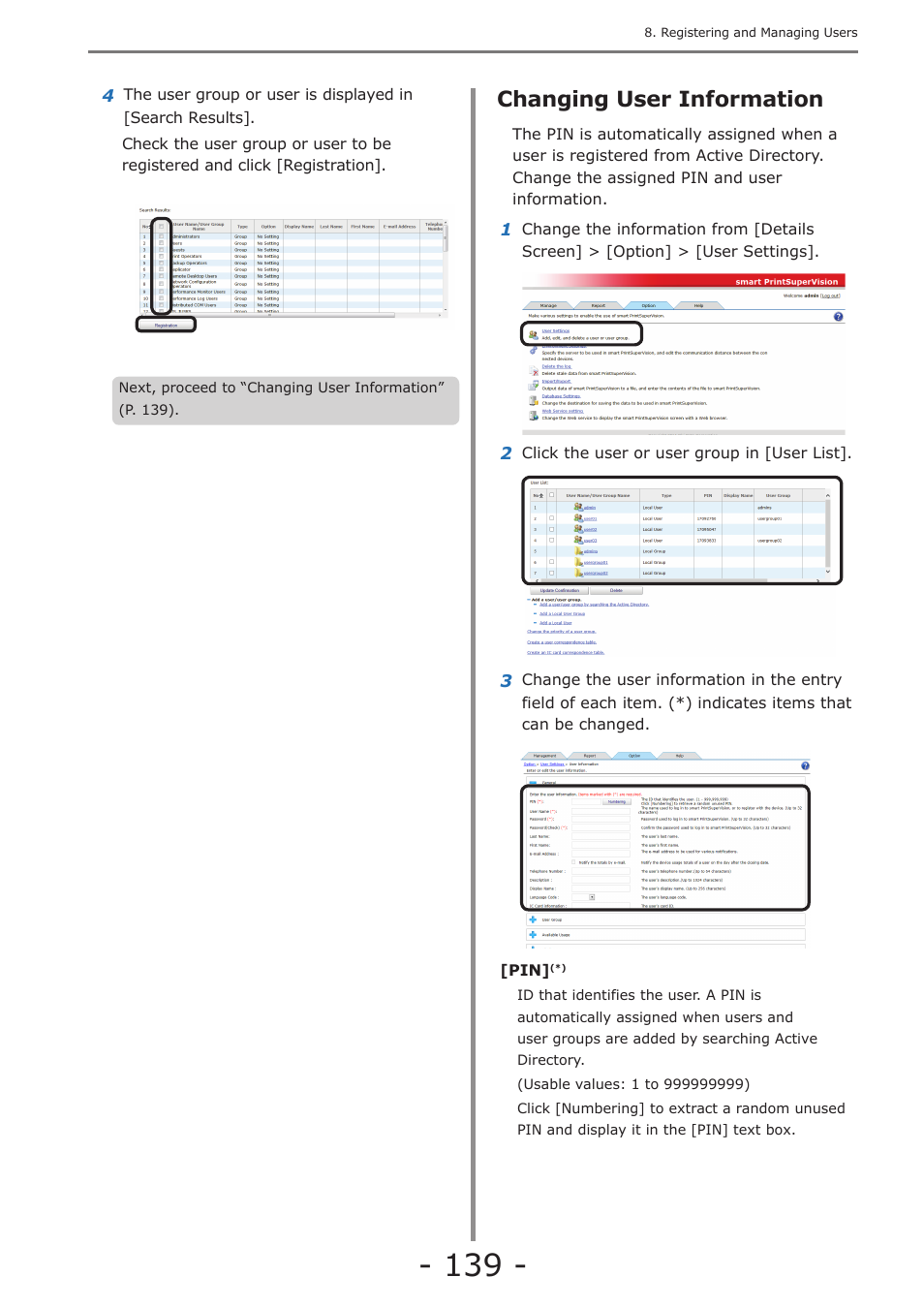 Changing user information, Changing attributes displayed in the user list | Oki MC363dn User Manual | Page 139 / 257