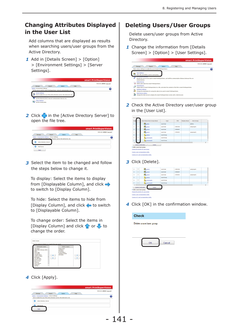 Changing attributes displayed in the user list, Deleting users/user groups | Oki MC363dn User Manual | Page 141 / 257