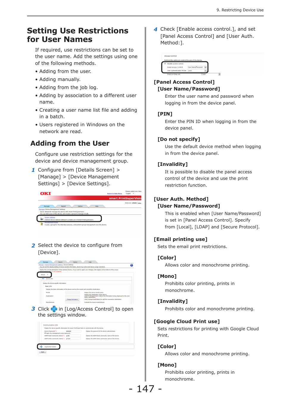 Setting use restrictions for user names, Adding from the user, Adding from the job log | Creating a csv file to add in a batch, P. 147 | Oki MC363dn User Manual | Page 147 / 257