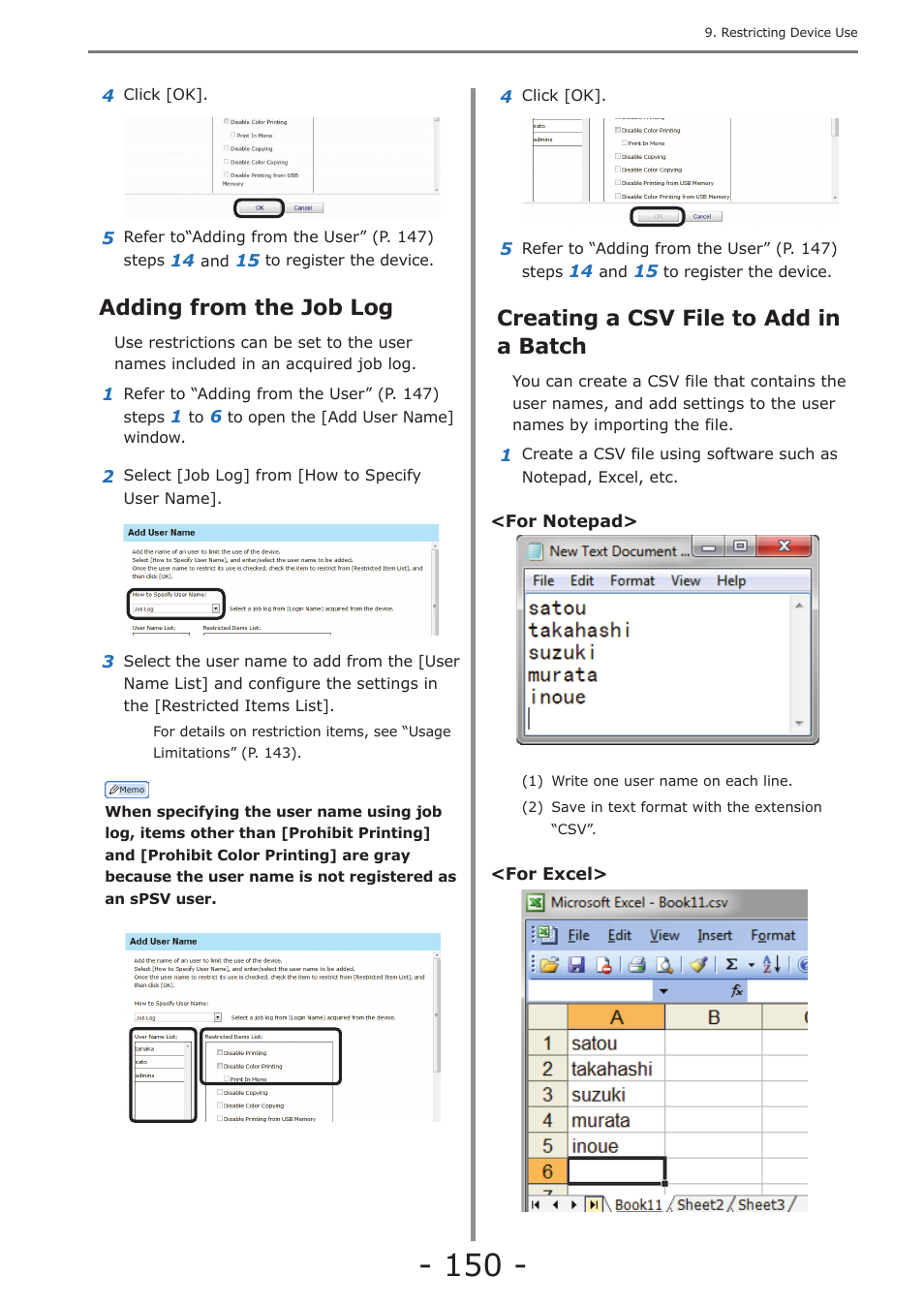 Adding from the job log, Creating a csv file to add in a batch, Adding unregistered user settings | P. 150 | Oki MC363dn User Manual | Page 150 / 257