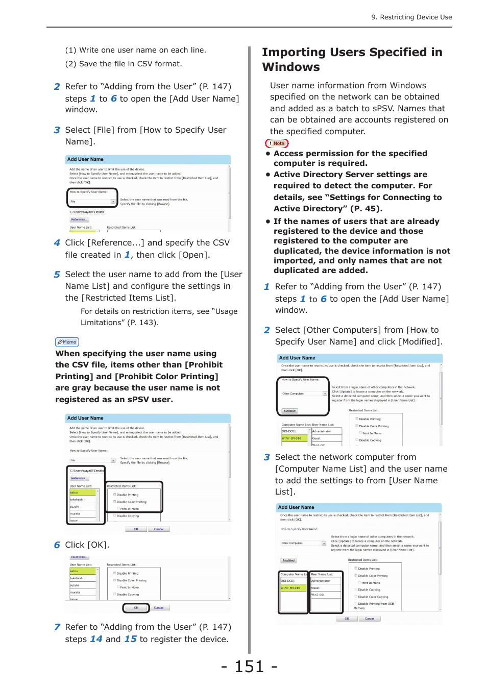 Importing users specified in windows, Adding from the job log, P. 151 | Oki MC363dn User Manual | Page 151 / 257