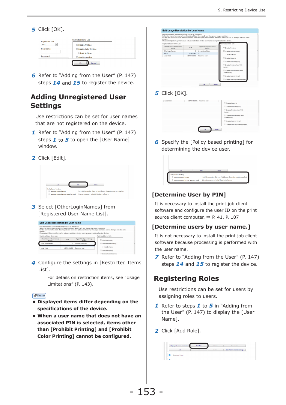 Adding unregistered user settings, Registering roles, Adding manually | Adding unregistered item setting, P. 153, Registering roles” (p. 153) | Oki MC363dn User Manual | Page 153 / 257