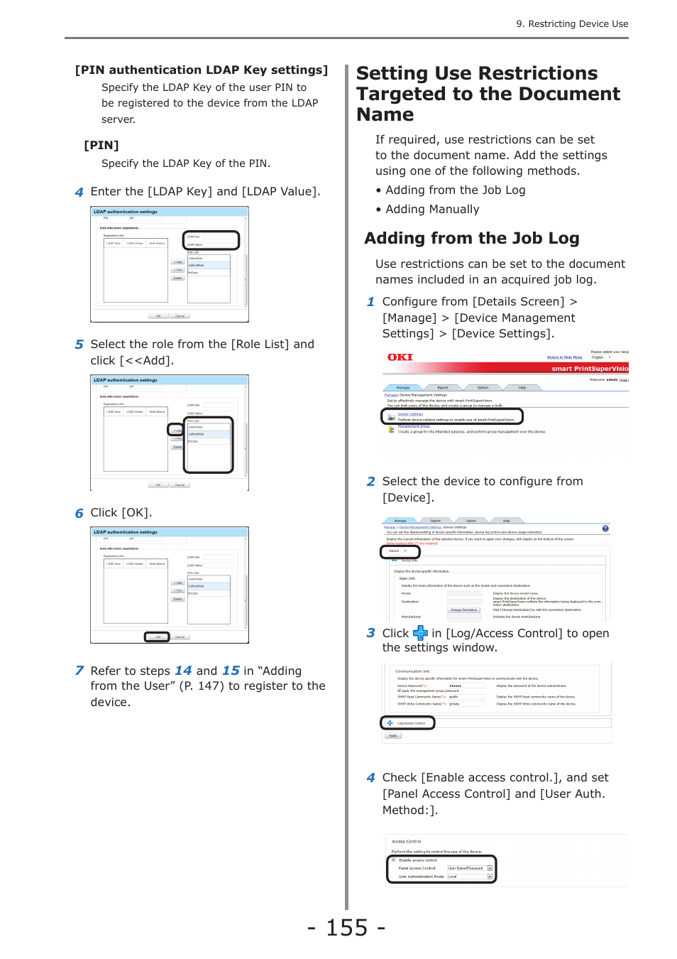 Adding from the job log, Setting use restrictions targeted to the document, Name | Oki MC363dn User Manual | Page 155 / 257