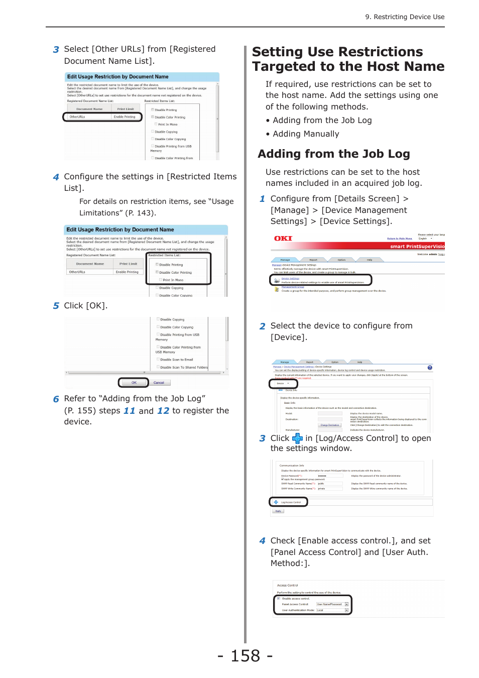 Setting use restrictions targeted to the host name, Adding from the job log, P. 158 | Oki MC363dn User Manual | Page 158 / 257