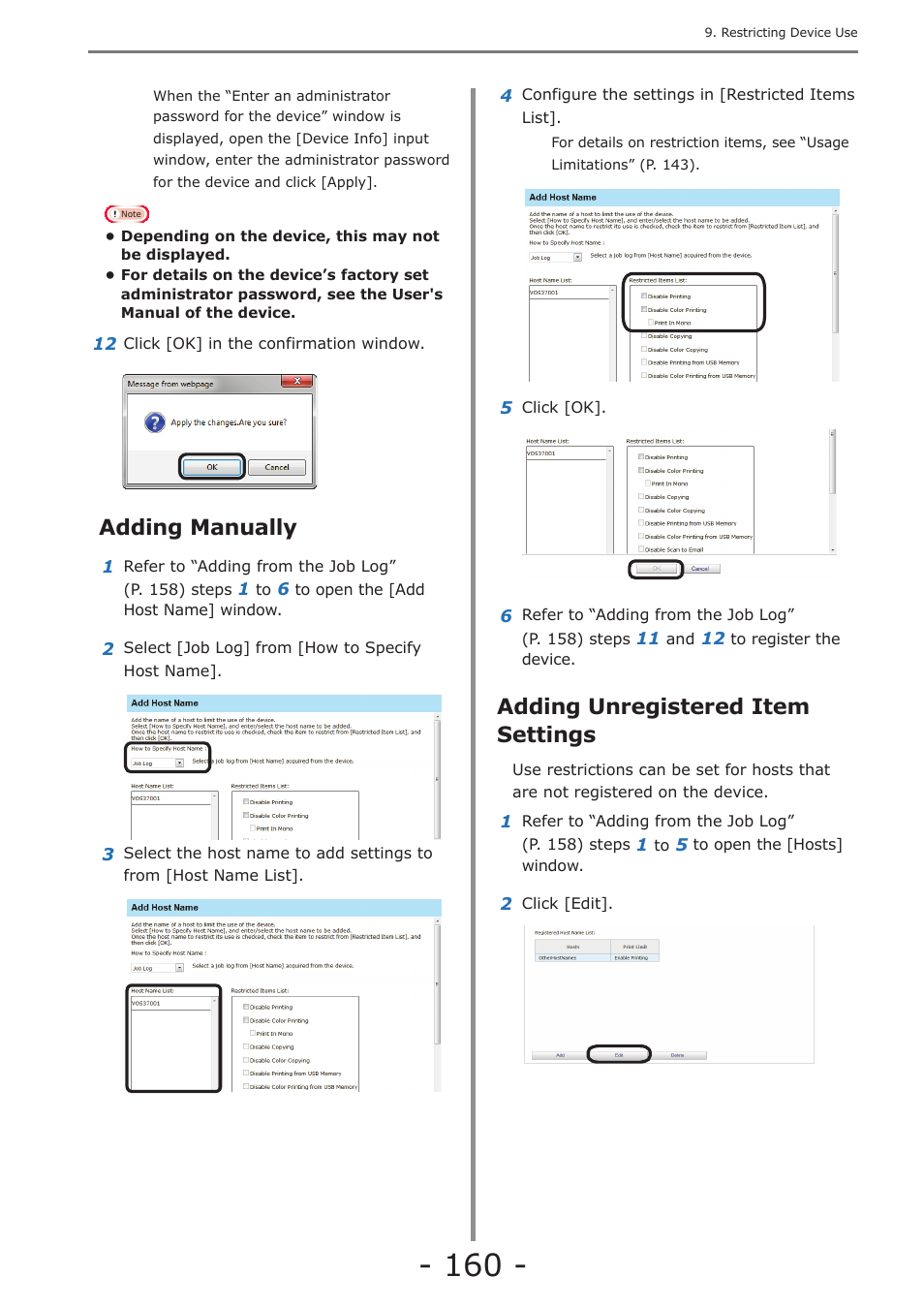 Adding manually, Adding unregistered item settings, Displaying device registered use restrictions | Changing device registered use restrictions, Adding manually adding unregistered item settings | Oki MC363dn User Manual | Page 160 / 257