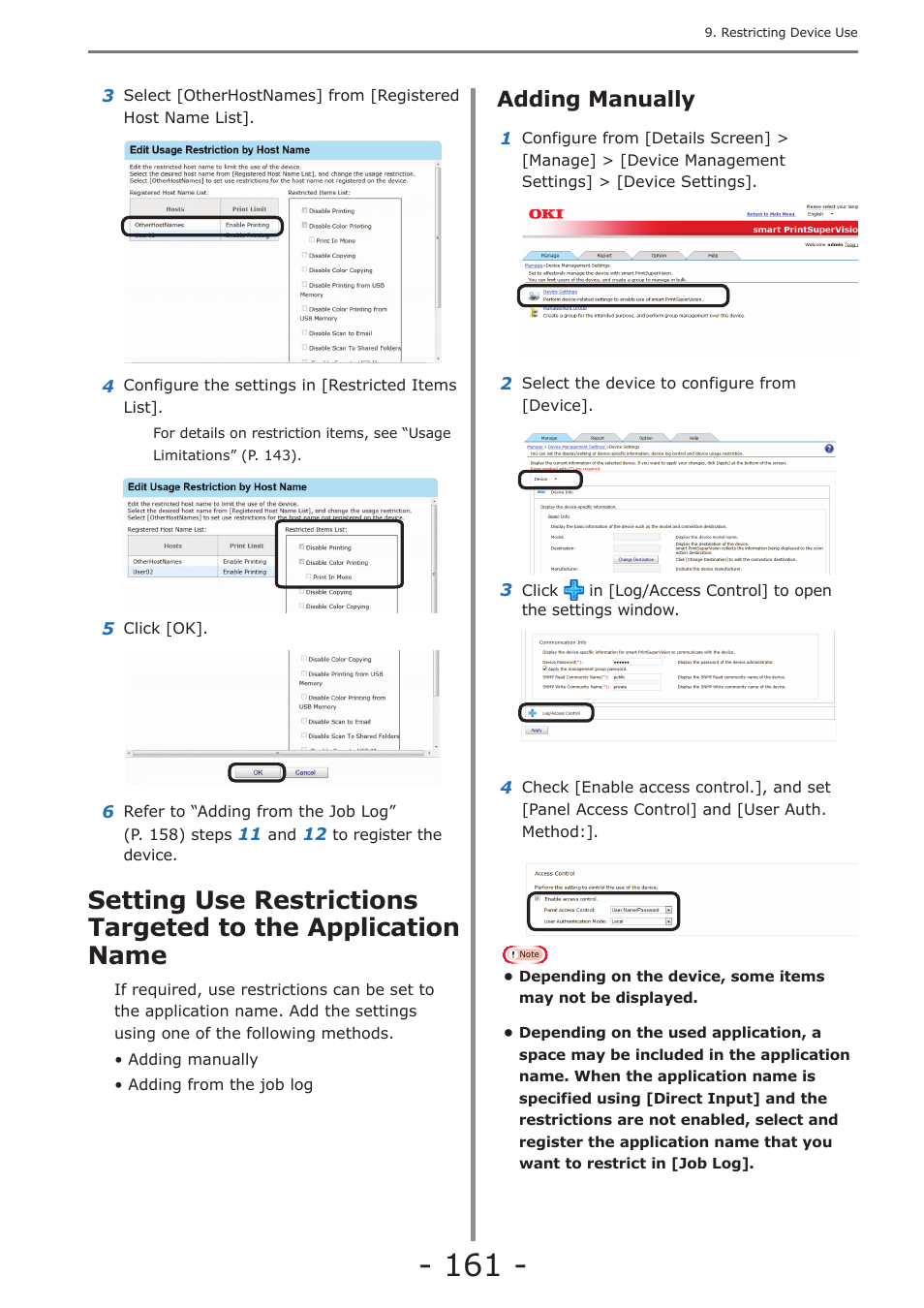 Adding manually, Adding unregistered item settings, Setting use restrictions targeted to the | Application name | Oki MC363dn User Manual | Page 161 / 257