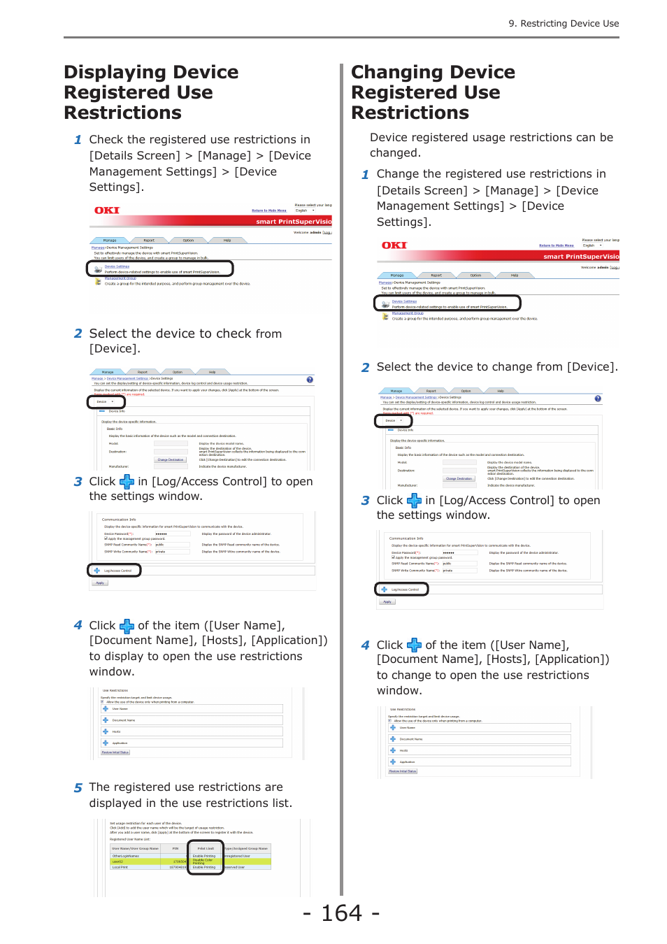 Displaying device registered use restrictions, Changing device registered use restrictions, Adding unregistered item settings | Temporarily disabling use restrictions, Enabling use restrictions | Oki MC363dn User Manual | Page 164 / 257