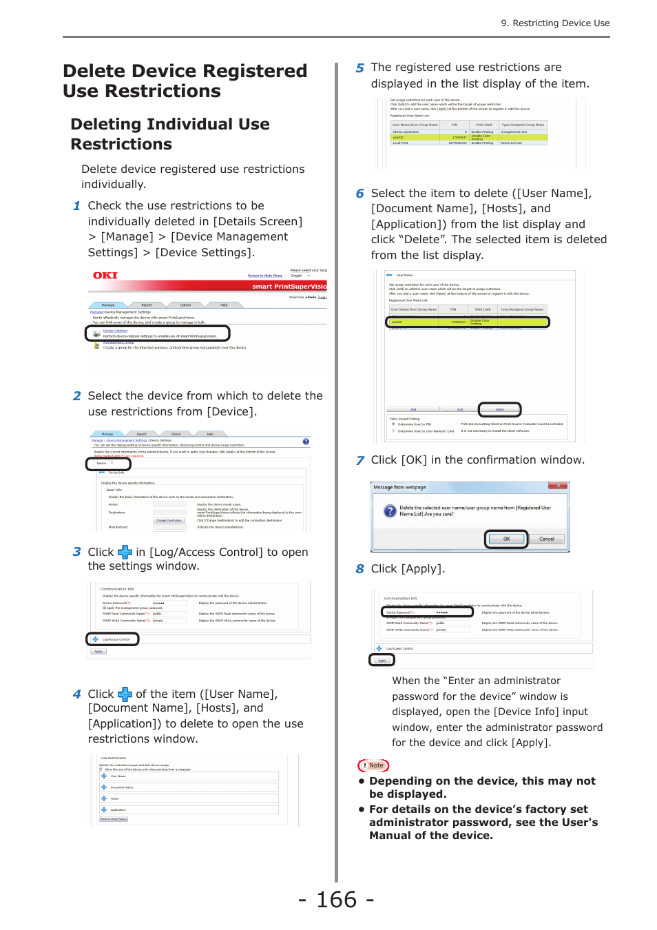Delete device registered use restrictions, Deleting individual use restrictions, Managing available usage | What can be done with available usage, Setting the available usage | Oki MC363dn User Manual | Page 166 / 257