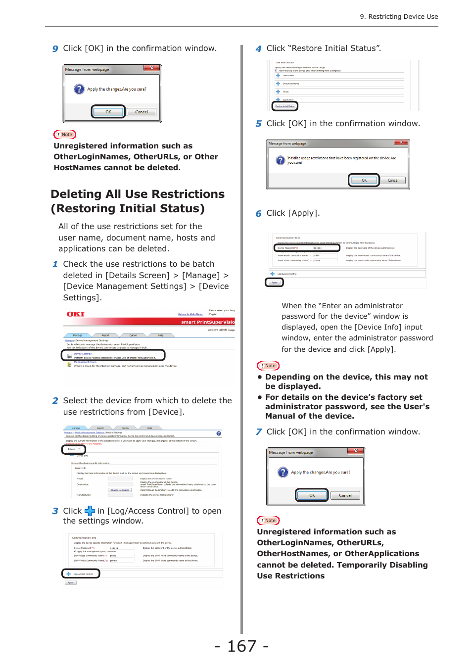 Changing the priority level of user group, Deleting all use restrictions (restoring initial, Status) | Oki MC363dn User Manual | Page 167 / 257