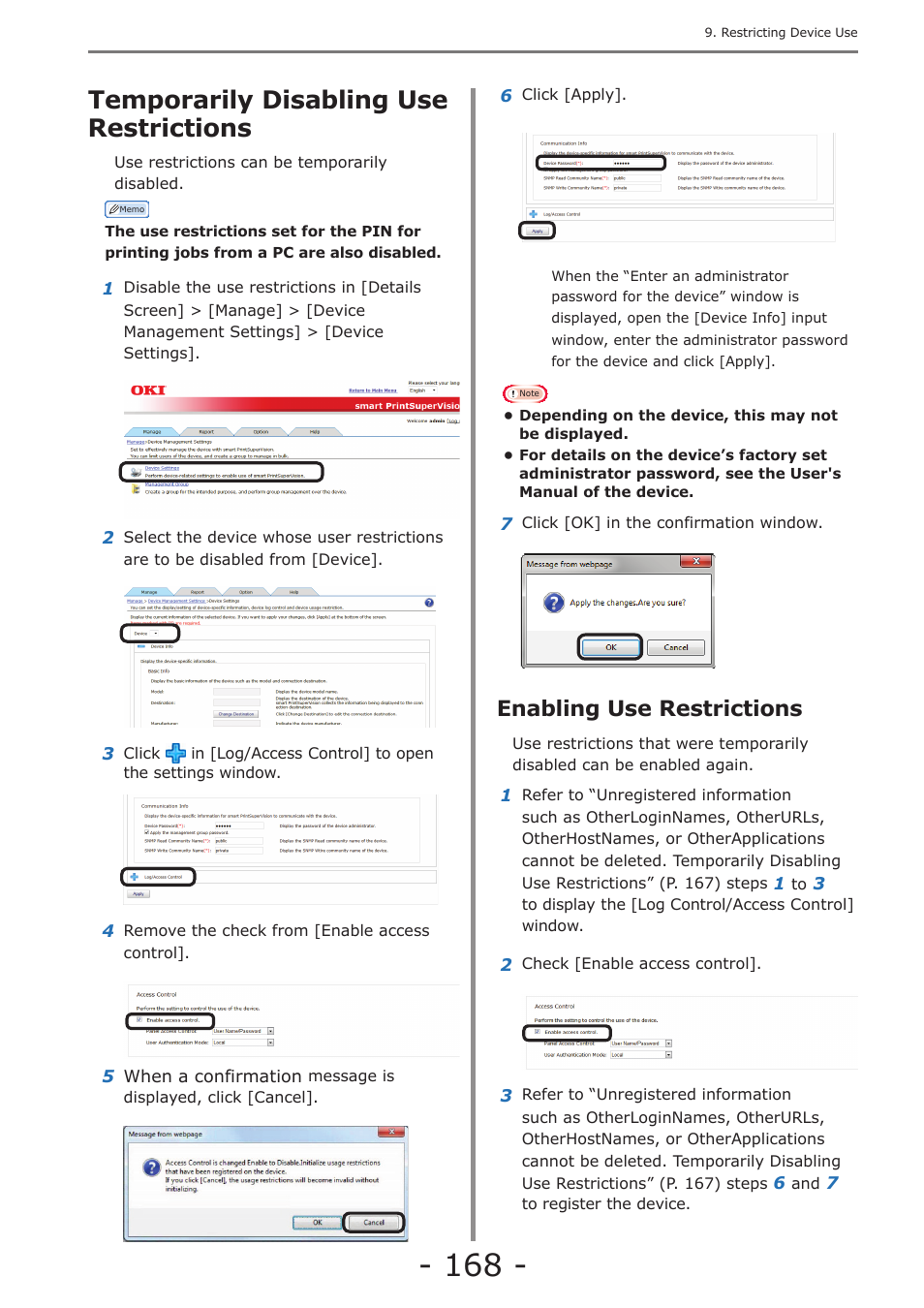 Temporarily disabling use restrictions, Enabling use restrictions, Creating fee charge definitions | Oki MC363dn User Manual | Page 168 / 257