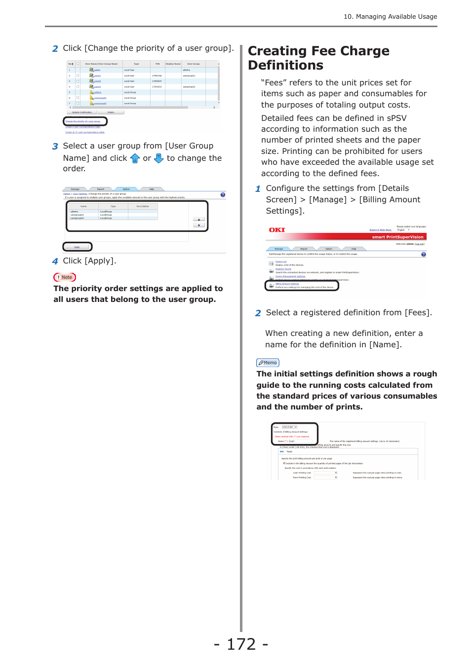 Creating fee charge definitions, Setting fee definitions for devices, P. 172 | Oki MC363dn User Manual | Page 172 / 257