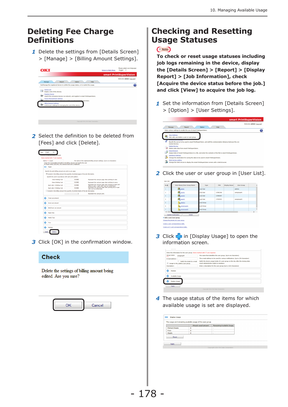 Deleting fee charge definitions, Checking and resetting usage statuses, Checking the device usage status | Oki MC363dn User Manual | Page 178 / 257