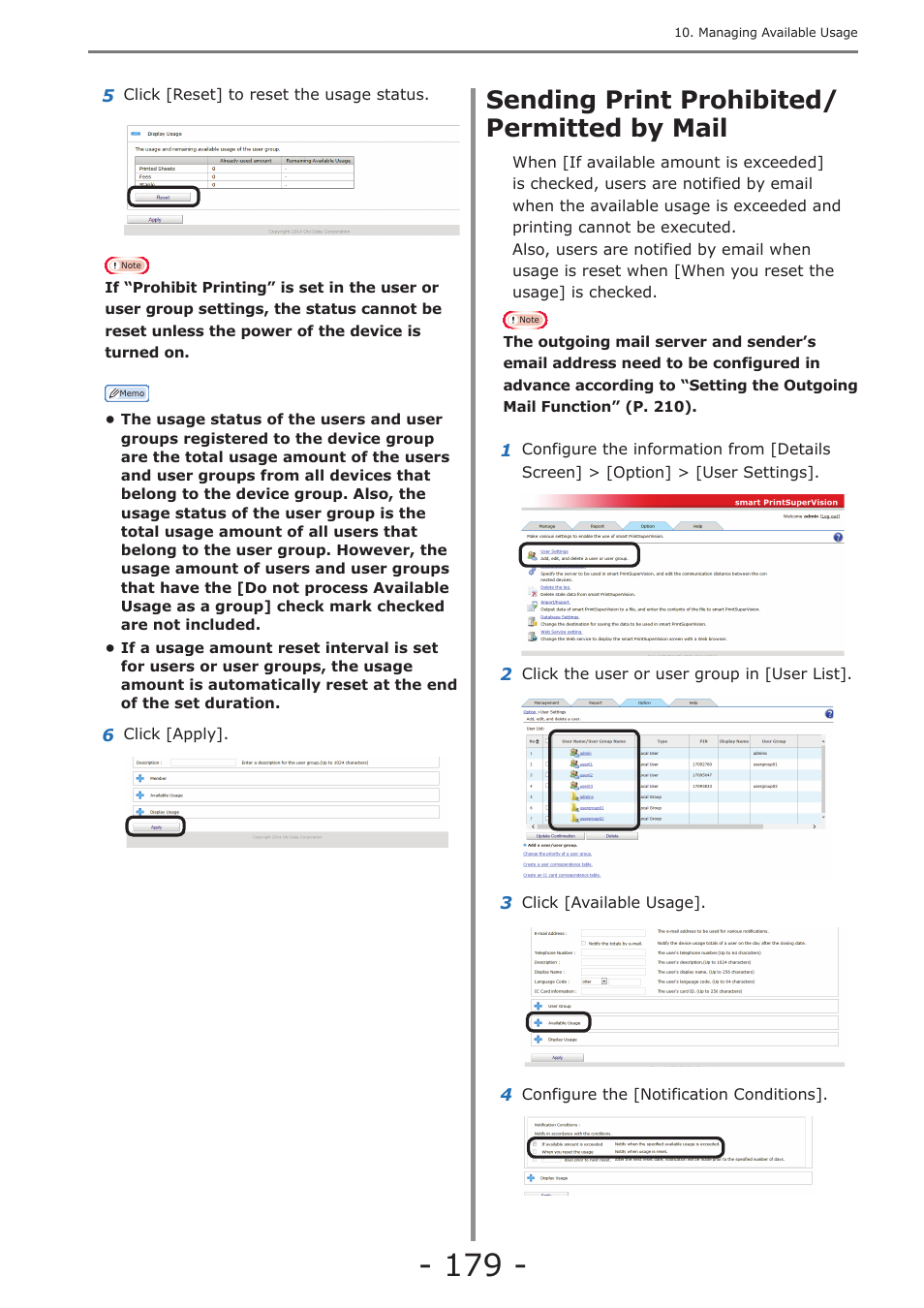Sending print prohibited/permitted by mail, Checking the consumable life, Sending print prohibited/ permitted by mail | Oki MC363dn User Manual | Page 179 / 257