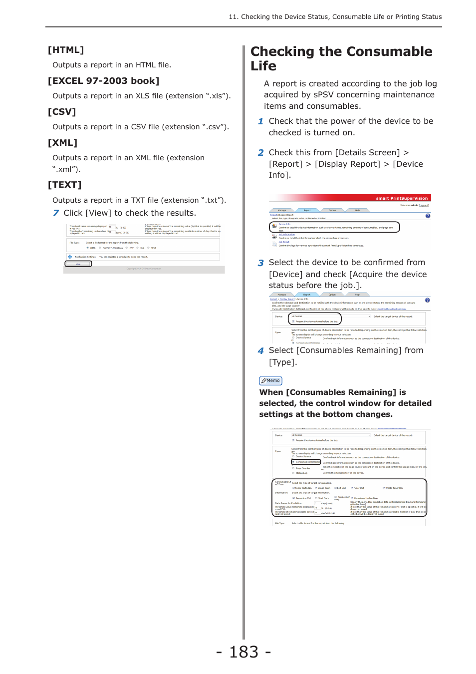 Checking the consumable life, Checking device statuses | Oki MC363dn User Manual | Page 183 / 257