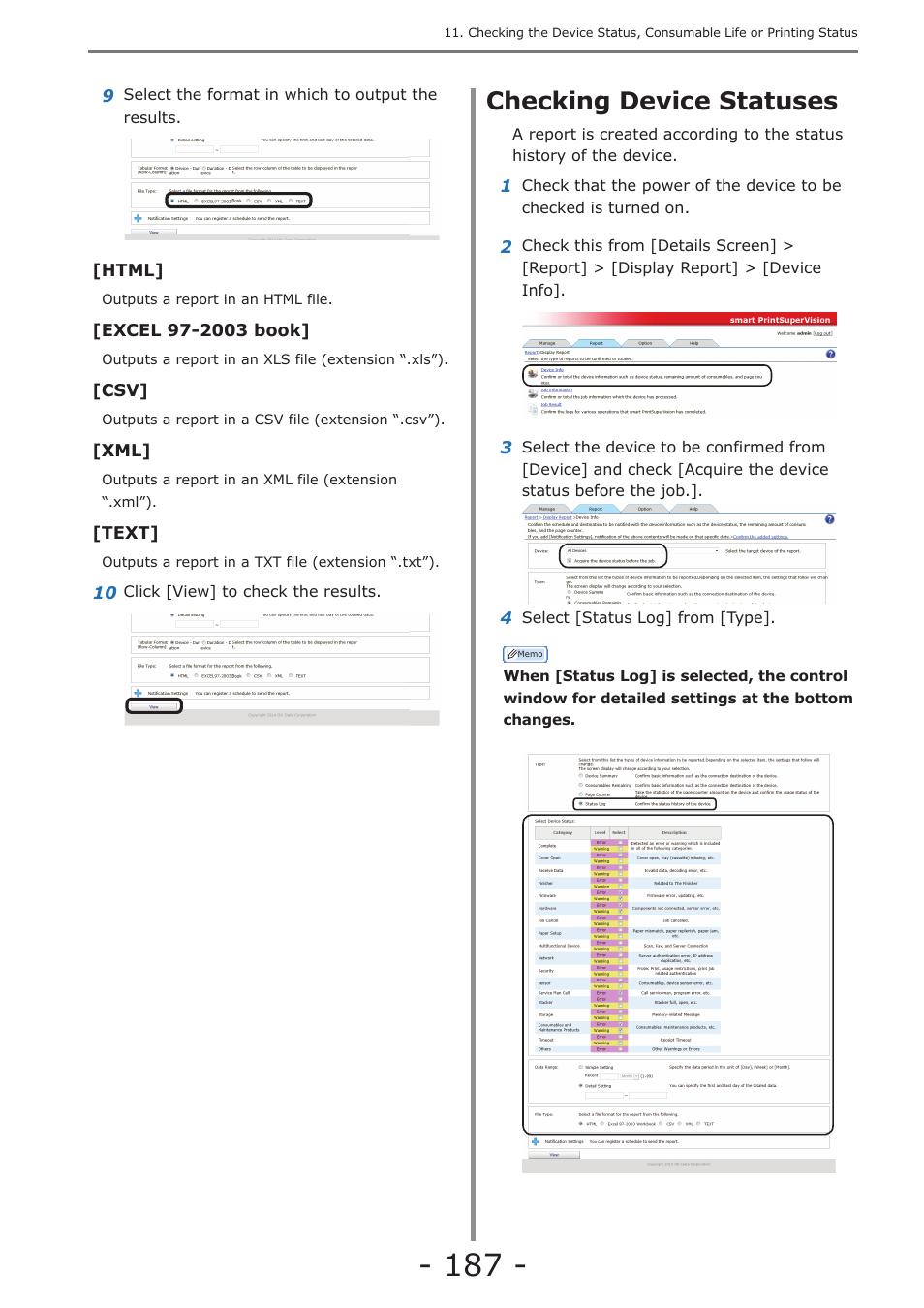 Checking device statuses | Oki MC363dn User Manual | Page 187 / 257