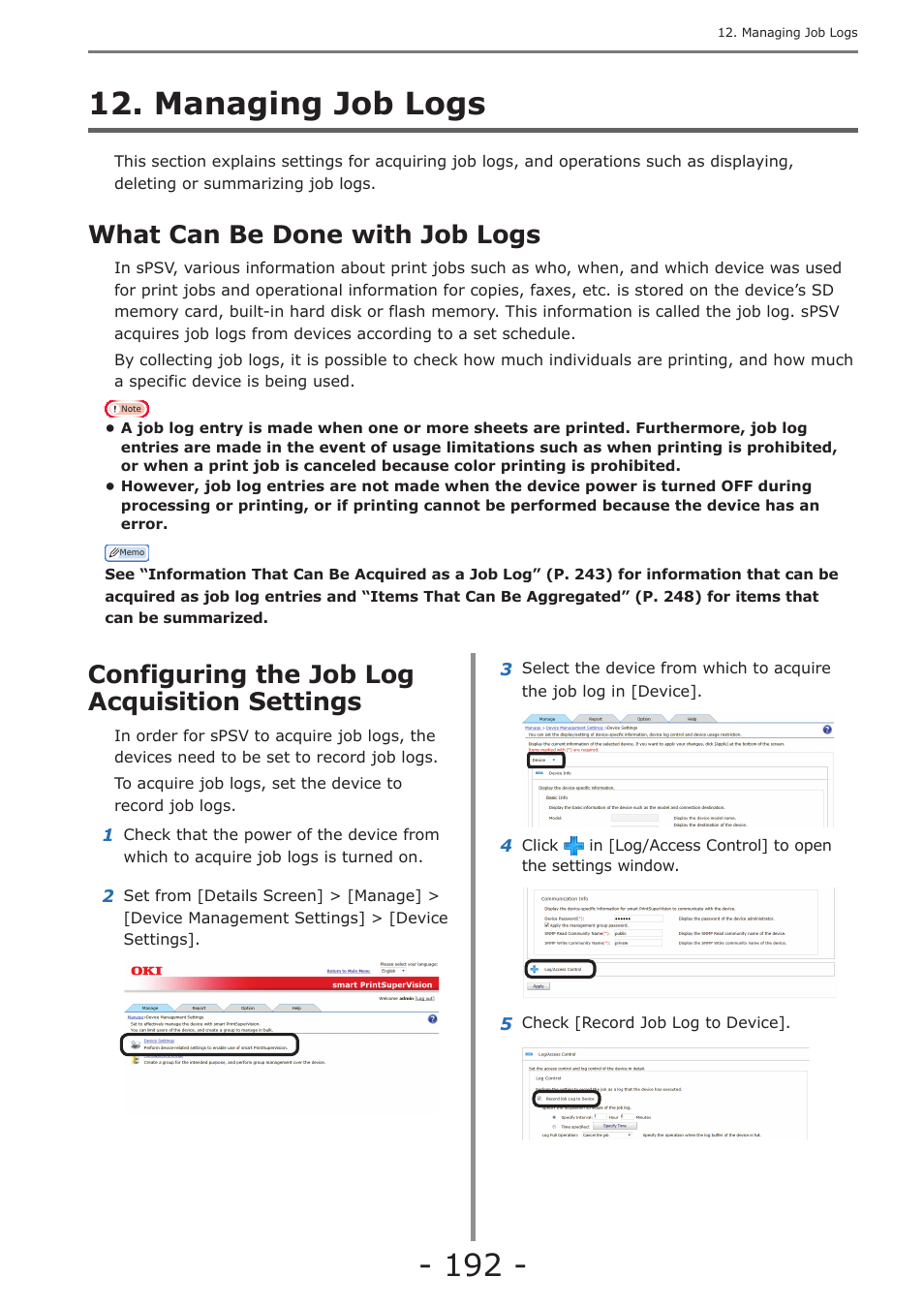 Managing job logs, What can be done with job logs, Configuring the job log acquisition settings | Changing job items to be displayed, P. 192 | Oki MC363dn User Manual | Page 192 / 257