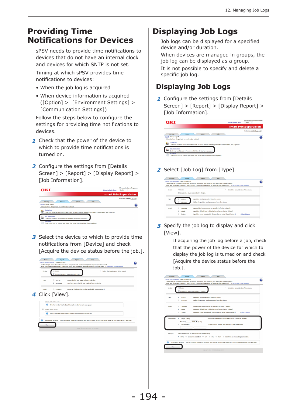Providing time notifications for devices, Displaying job logs, Stopping job log acquisition | P. 194 | Oki MC363dn User Manual | Page 194 / 257