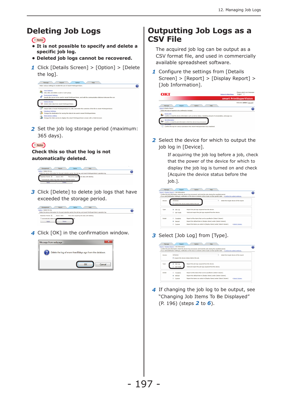 Deleting job logs, Outputting job logs as a csv file, Displaying all aggregated items (detail display) | Changing aggregate items | Oki MC363dn User Manual | Page 197 / 257