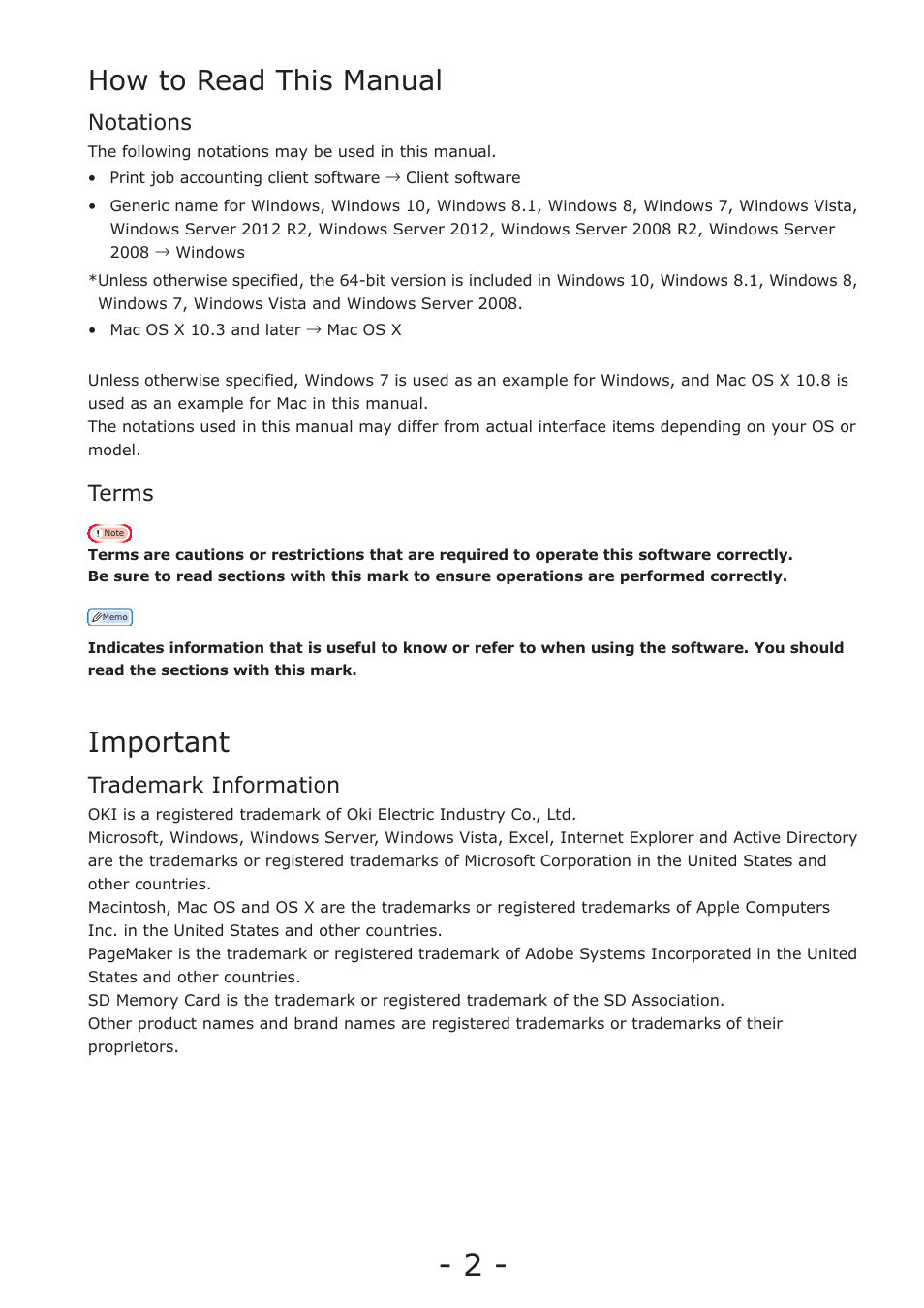 How to read this manual, Notations, Terms | Important, Trademark information | Oki MC363dn User Manual | Page 2 / 257