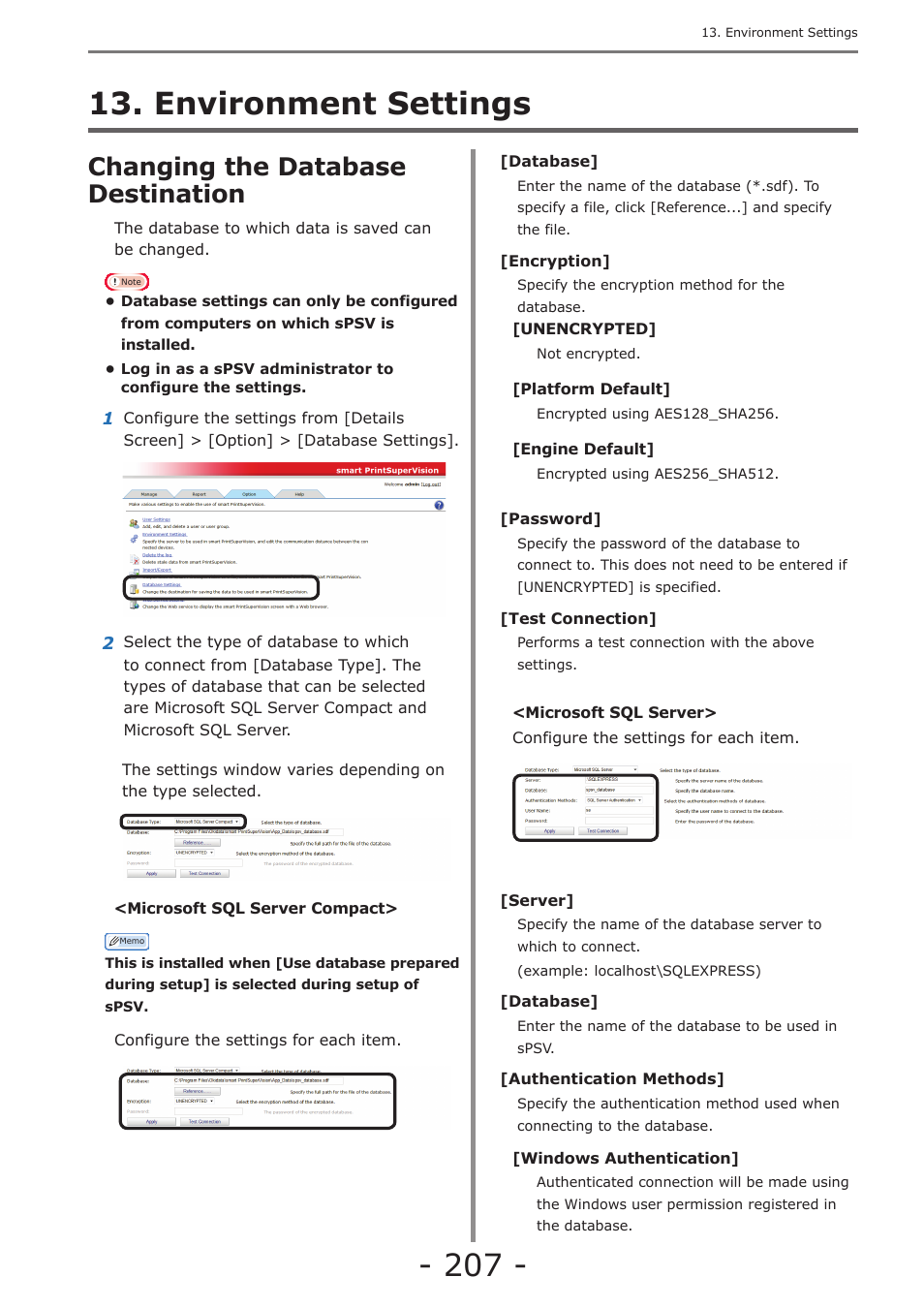 Environment settings, Changing the database destination, Configuring the settings for notification email | Oki MC363dn User Manual | Page 207 / 257