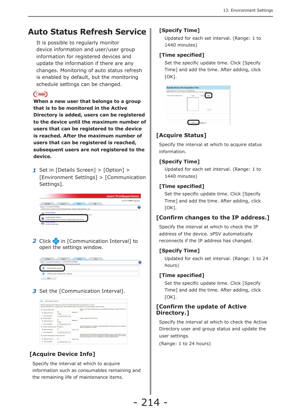 Auto status refresh service, Limiting the size and number of attachments, Deleting registered devices | Oki MC363dn User Manual | Page 214 / 257