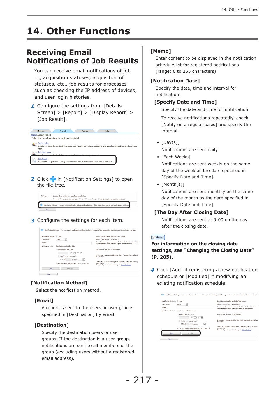 Other functions, Receiving email notifications of job results, Back up/restore | Oki MC363dn User Manual | Page 217 / 257
