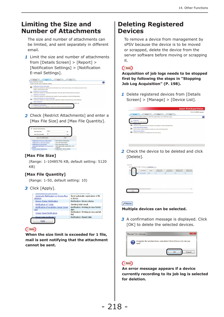 Limiting the size and number of attachments, Deleting registered devices | Oki MC363dn User Manual | Page 218 / 257
