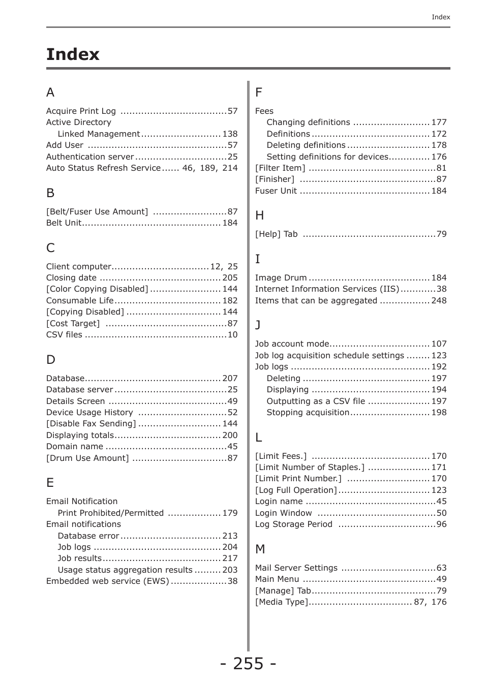 Index | Oki MC363dn User Manual | Page 255 / 257